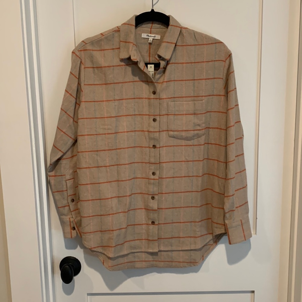 Madewell flannel button down shirt, size z-small, NWT, tan